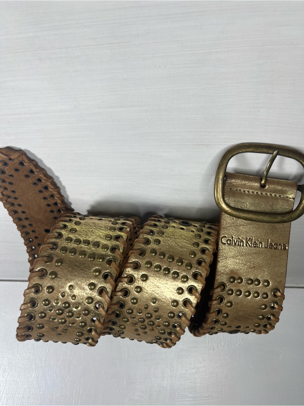 Calvin Klein Gold Studded Leather Belt Sz Large